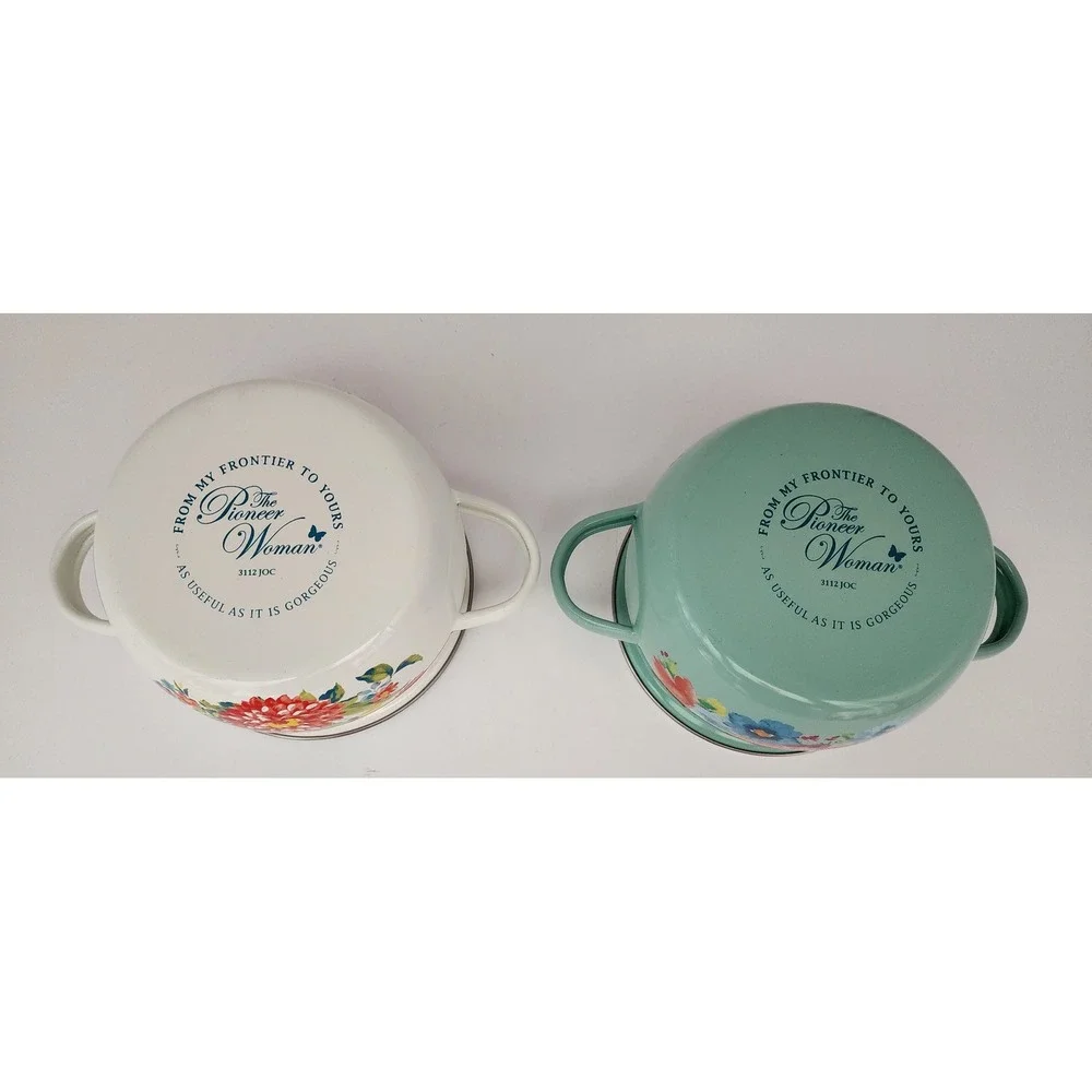 The Pioneer Woman Mini Dutch Oven Set 2pc Floral Enamel Steel Teal White 1 Qt